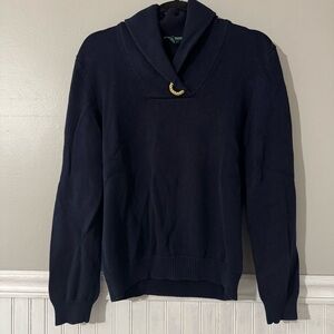 Lauren Ralph Lauren Shawl Collar Sweater Navy Blue with Gold Rope Detail Size L
